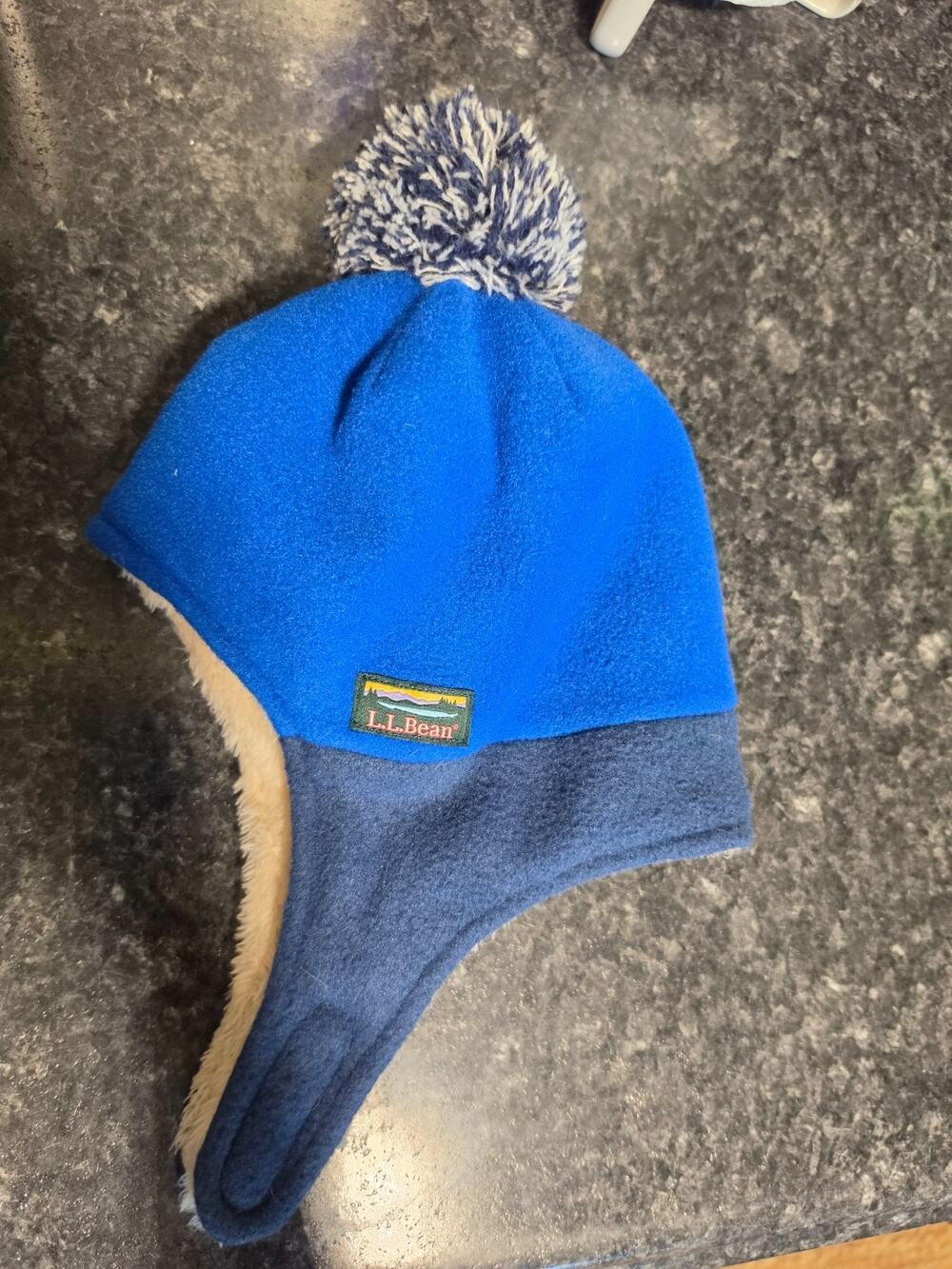 LL Bean Toddler Mountain Classic Fleece Winter Hat Pom Pom Blue Hook &Loop
